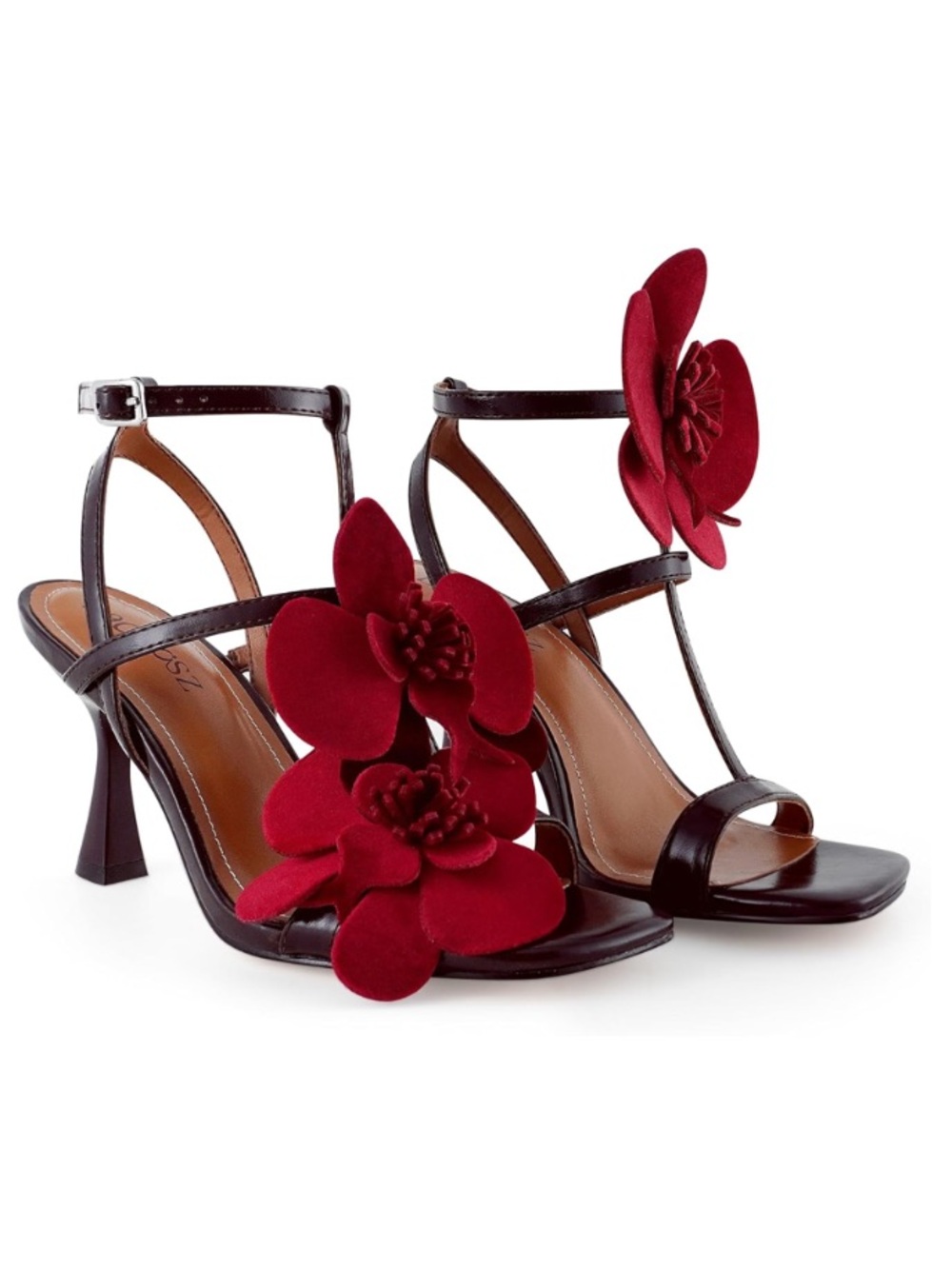 Floral Applique Strap Kitten Red Women's Sandals